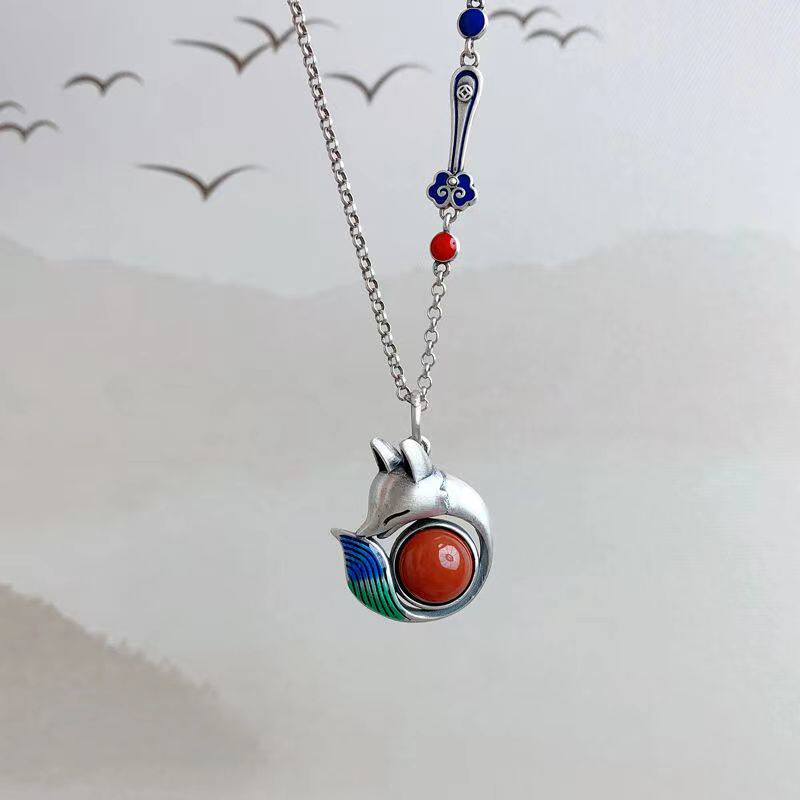 s925纯银南红玛瑙狐狸项链女锁骨链如意复古风简约动物吊坠饰品