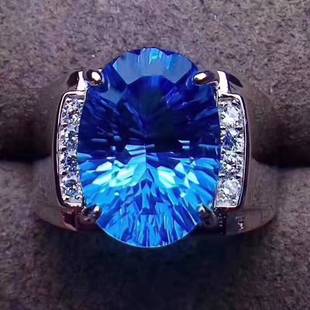 纯天然瑞士蓝托帕石戒指无优化霸气男款18K白金镶嵌高品质活口款