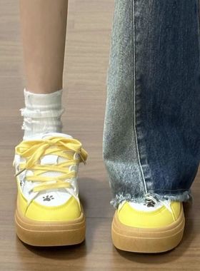 原创棕黄色布丁狗配色面包鞋女ins百搭大舌头滑板鞋美式丑萌潮鞋