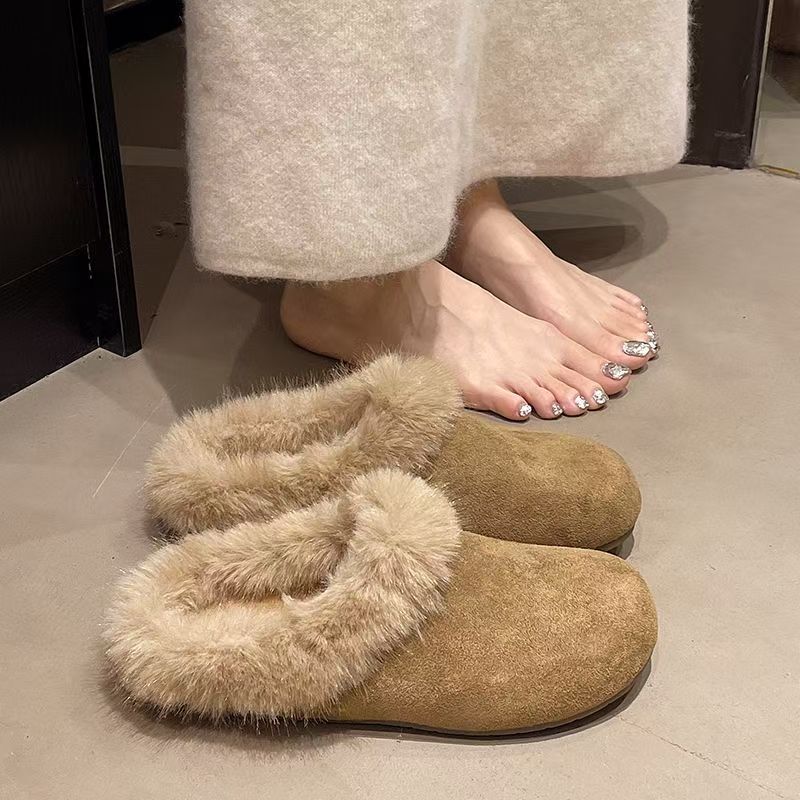 原创驼色毛毛领保暖勃肯鞋女in轻便懒人一脚蹬s复古百搭半拖鞋女