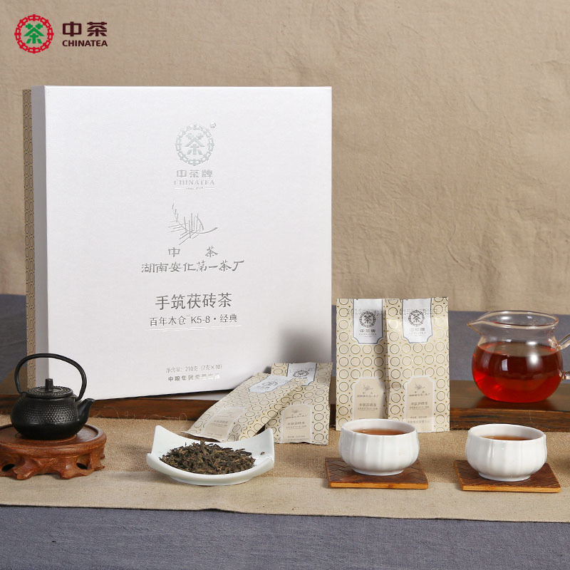 中茶安化黑茶百年木仓手筑茯砖茶K5-8经典金花茯茶礼盒装210g