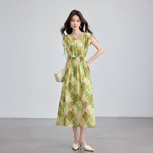 Z5728-06洋领短袖衣裙女年夏季裙新款印花收腰气连质显瘦气子