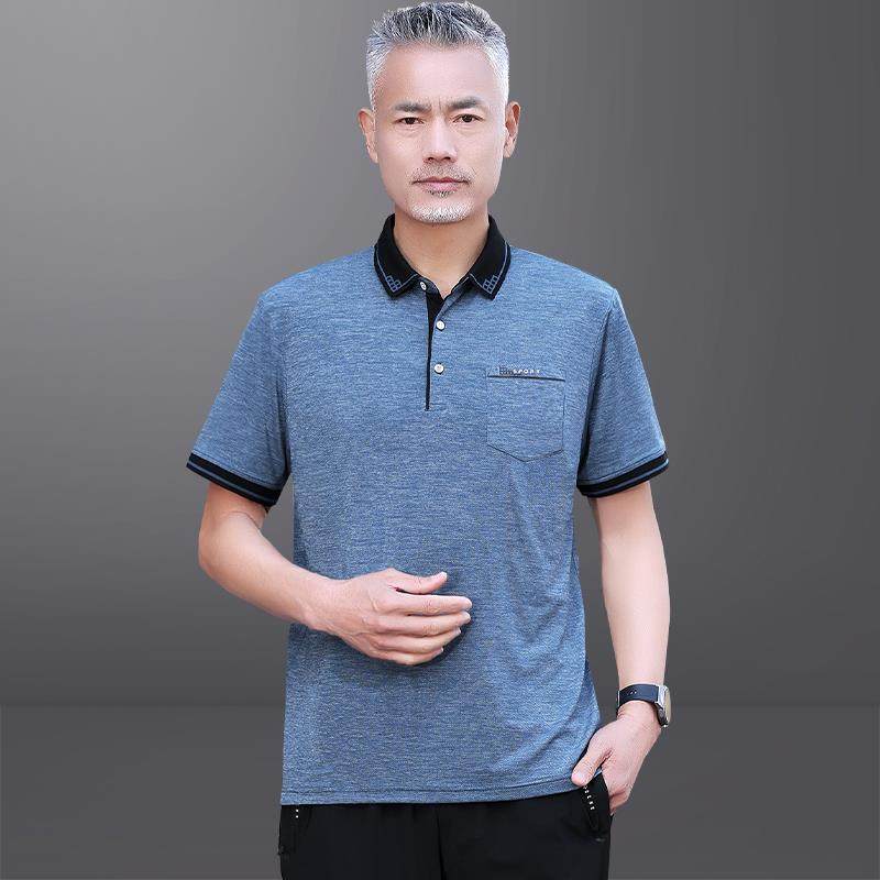 爸爸夏冰丝翻衫领恤年商中务短袖百搭休闲纯色老TX20152年装人汗