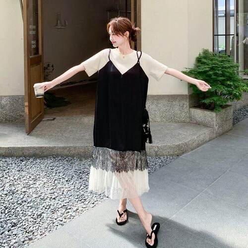 新设计感松蕾丝拼接假裙两件吊带C060-26连衣女夏款慵懒休闲宽恤