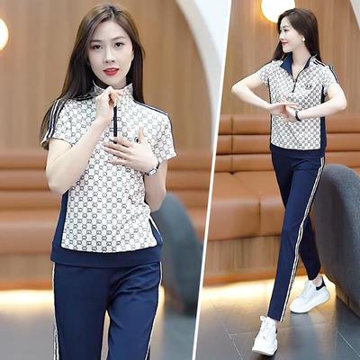 运动套装跑女夏装时尚显士瘦女HXK6920中年小个子立领短袖步休闲