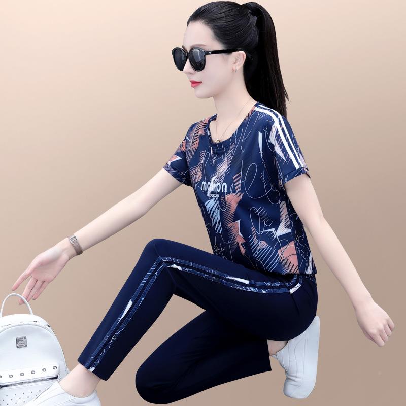 运动套装70700002女夏新款短洋气减显瘦龄女裤士花色袖长休闲服两