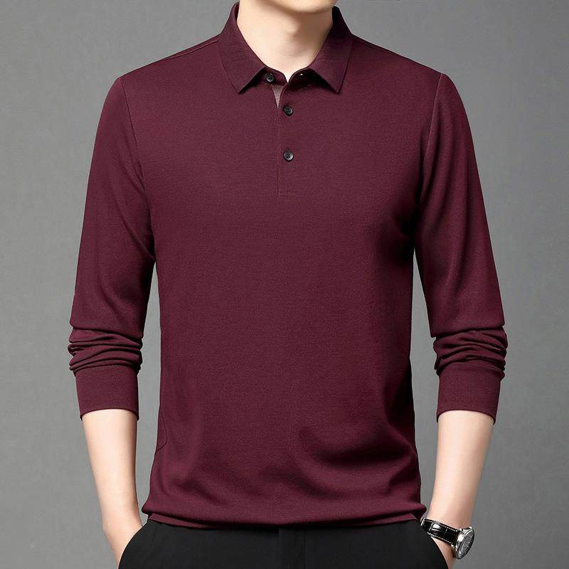 老秋季款男装领24076-KK纯色长袖羊绒恤中年士翻羊毛宽松百搭男上