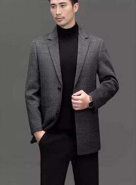 冬季羊毛格子大衣男士外休闲毛呢中长款西装领男8871双暖面呢保套