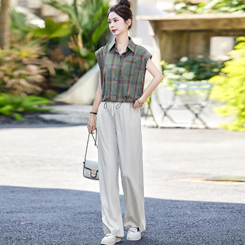 腿裤阔装女夏新款欧套货漂休慕68-2闲亮时尚洋气格子衬衫职业两件