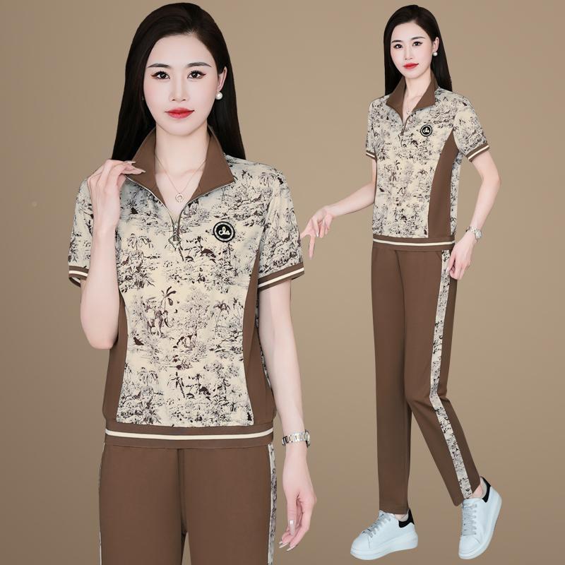 年妈77515225妈年夏装短袖条纹恤两件新款中老套中女休闲运动服套