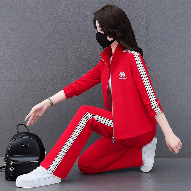 年轻气妈春秋洋运动服套装妈拼件色立领58-87872长袖两套