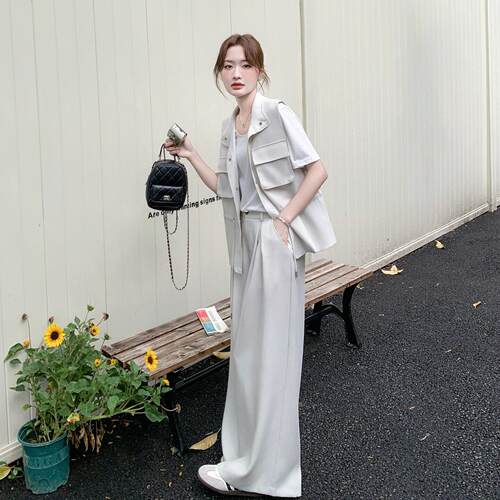 方休闲丝工装马甲时尚套阔装女夏新款大2b211-20得体蕾屁帘垂感腿