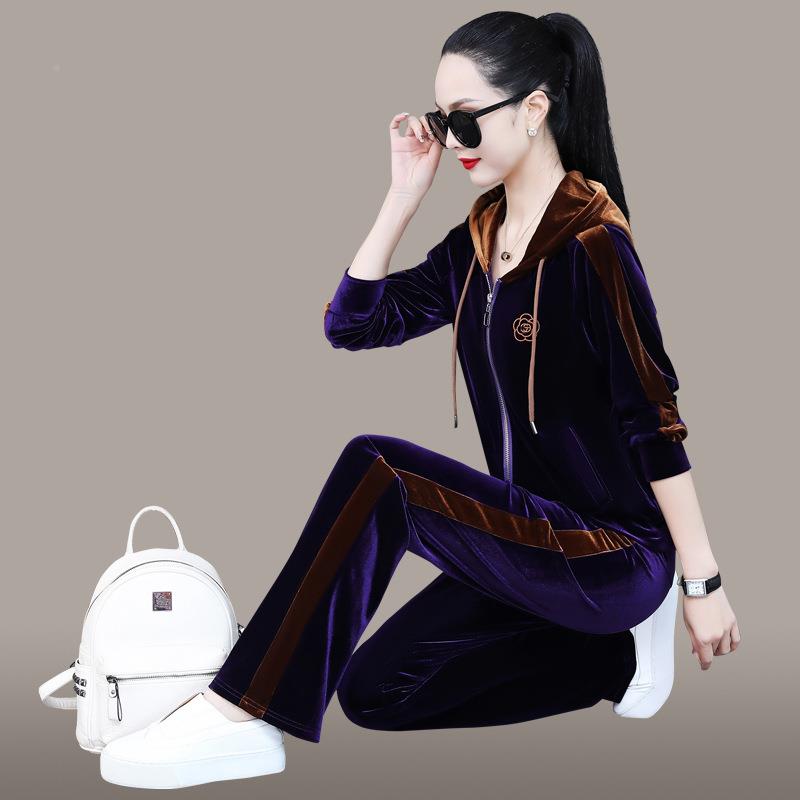 女妈妈秋装套装气新款洋中老年春秋休闲动运金丝绒显72997瘦两件