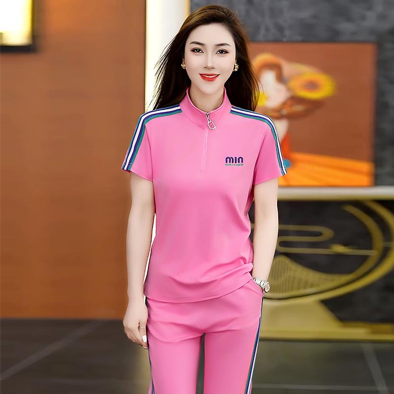 冰丝90580655闲运动套装夏季薄女短袖跑步新款春秋妈款妈夏装两件