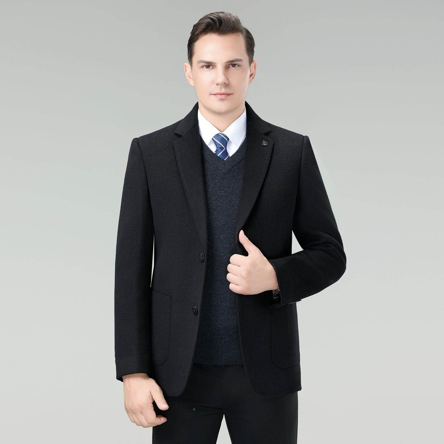 季冬保暖单双面9511-F呢羊毛男大衣西装领西可拆羽绒服内胆中年西