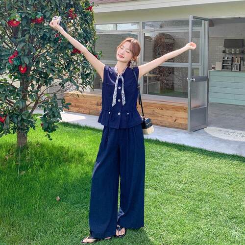 设计感时套尚印花丝巾休闲装裤女夏款季新D148-265收腰马甲阔腿两