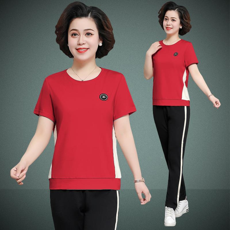减龄妈妈夏装短袖恤中老年165-1018女装动运年服套装中洋气件套两