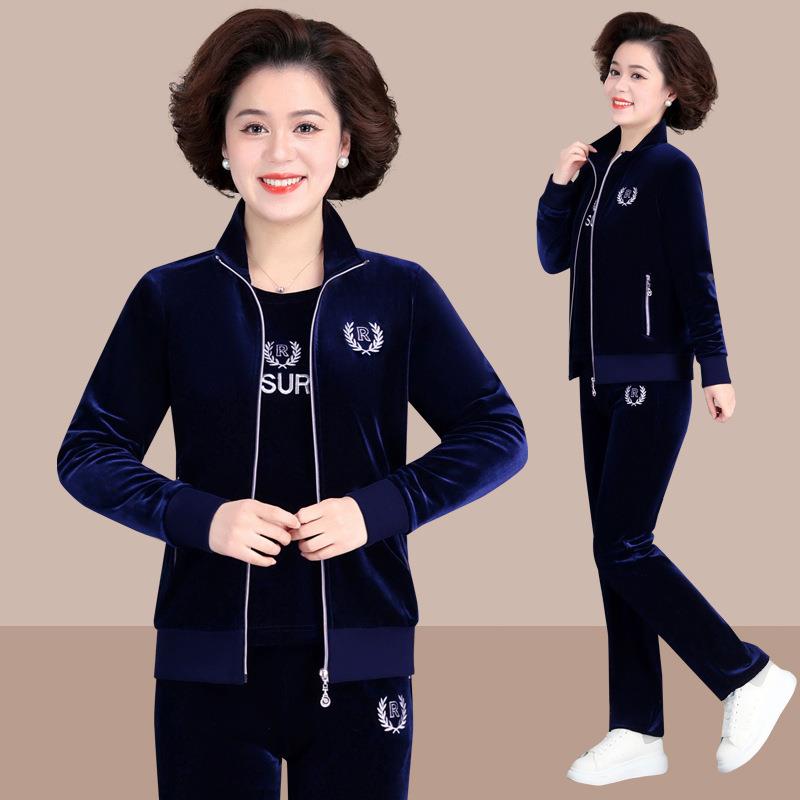 年春秋中年运动妈妈套6987975装外妈妈中潮装老年金丝绒三件套套