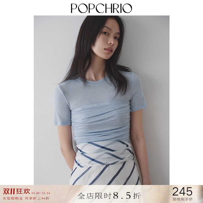 轻薄型天丝羊毛微透双层捏褶T恤