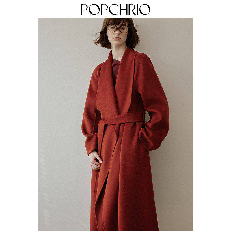 POPCHRIO欧可芮◆自由大翻领全羊毛双面毛呢大衣收腰外套中长款女