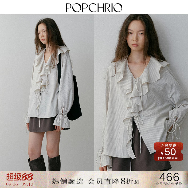 POPCHRIO荷叶边灯笼袖条纹衬衫图片