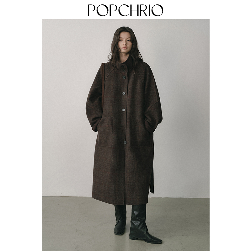 11/27新品 天丝羊毛羊绒双面格子立领毛呢大衣保暖外套中长款女冬