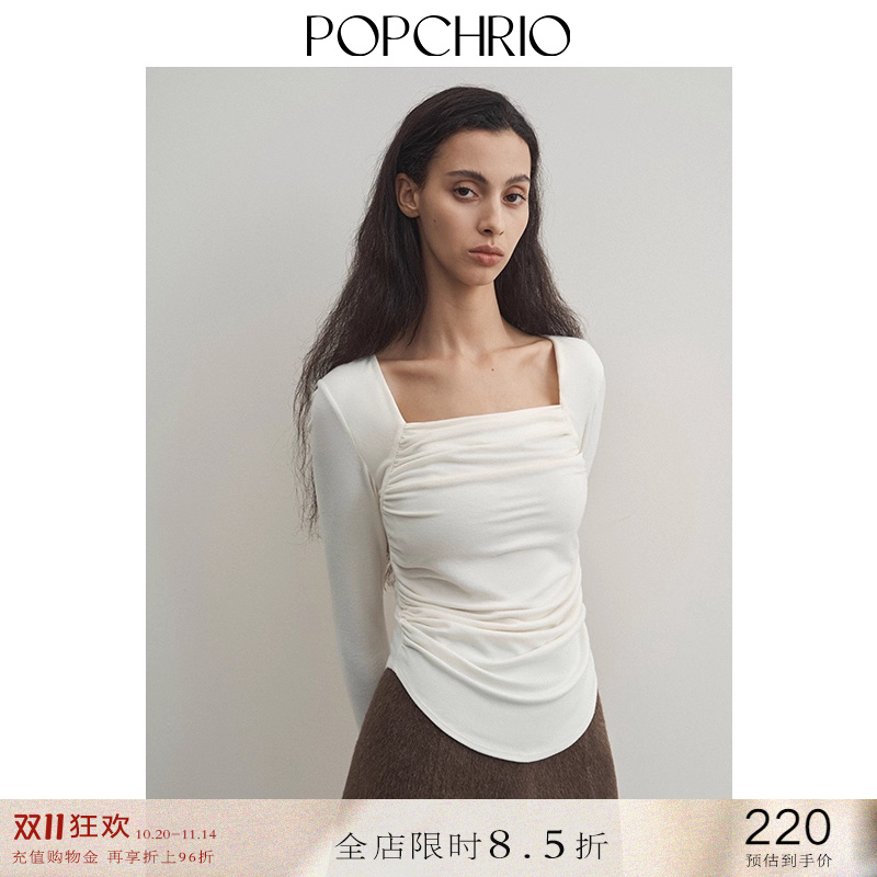 方领捏褶长袖T恤修身锁骨上衣