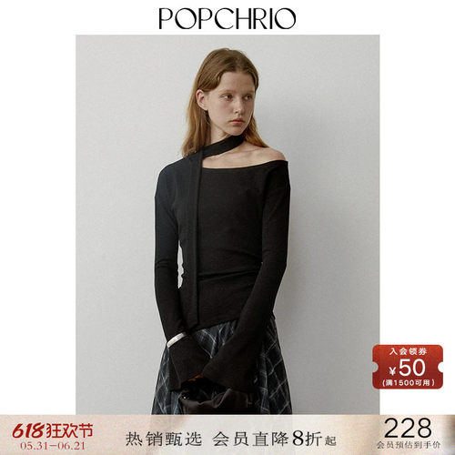 POPCHRIO慵懒风斜肩飘带长袖T恤