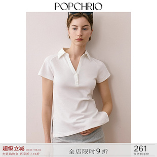 修身 POPCHRIO欧可芮 棉T恤衫 复古美式 polo领上衣女 V领小飞短袖