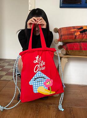 shanahs【快乐屋】红色帆布包包夏天女松弛感单双肩大容量抽绳包