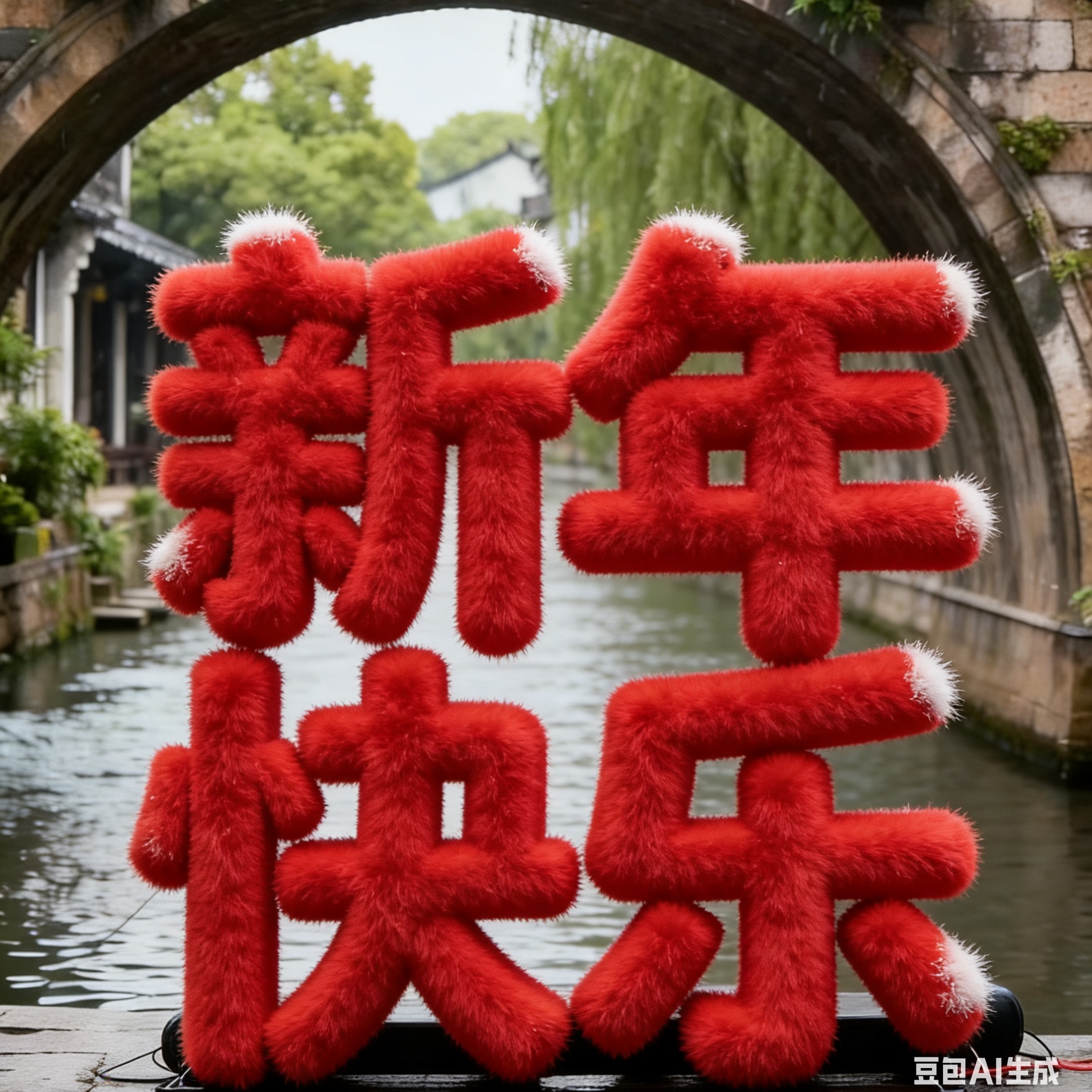 2026红色毛绒新年快乐定制户外大型福字美陈摆件景区商业街迎新春