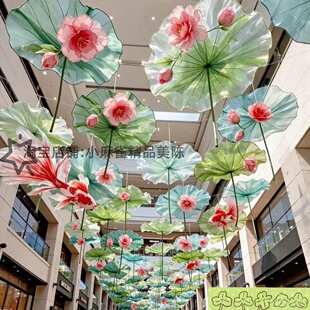 夏季国风景区荷花荷叶天幕空中花海景点步行街商业街公园防晒吊顶