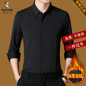 啄木鸟男士长袖衬衫加绒加厚弹力无痕高端桑蚕丝免烫商务真丝衬衣