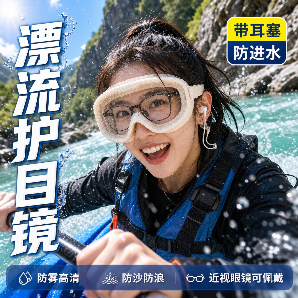 漂流装备漂流护目镜可戴眼镜神器防飞溅防水防脱不起雾打水仗泳镜