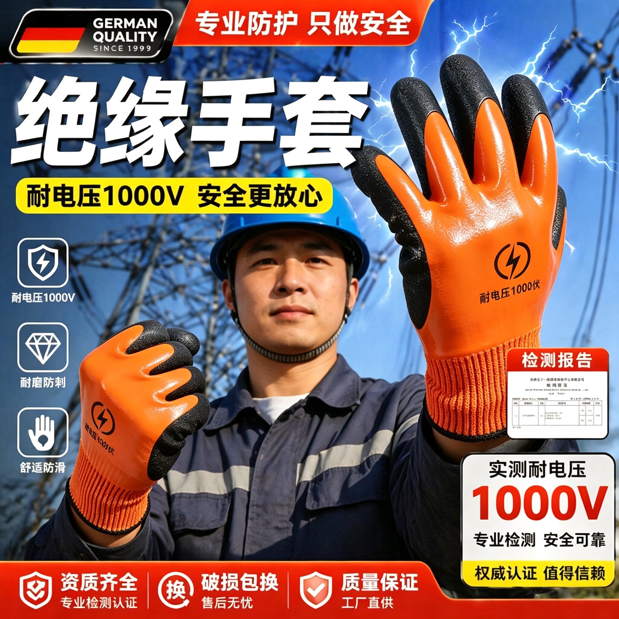 绝缘手套国标电工专用1000v高压防触电380v供电所用220v带电作业
