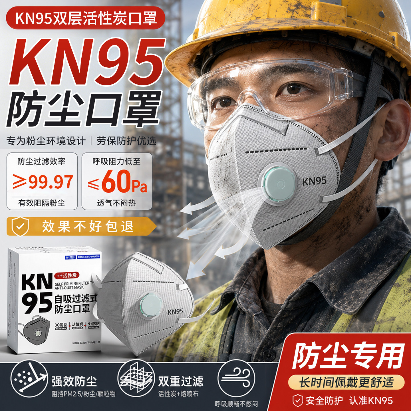 防尘口罩n95防工业粉尘防尘肺重度粉尘呼吸阀雾霾活性炭正品KN95