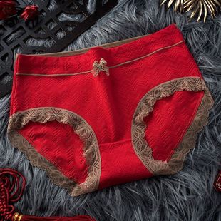 红色内裤女纯棉抗菌奢华透气中腰提臀大码女士全棉成人三角裤透气