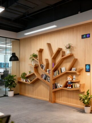 简约现代实木树形书架办公室客厅沙发边创意墙上落地置物架装饰架