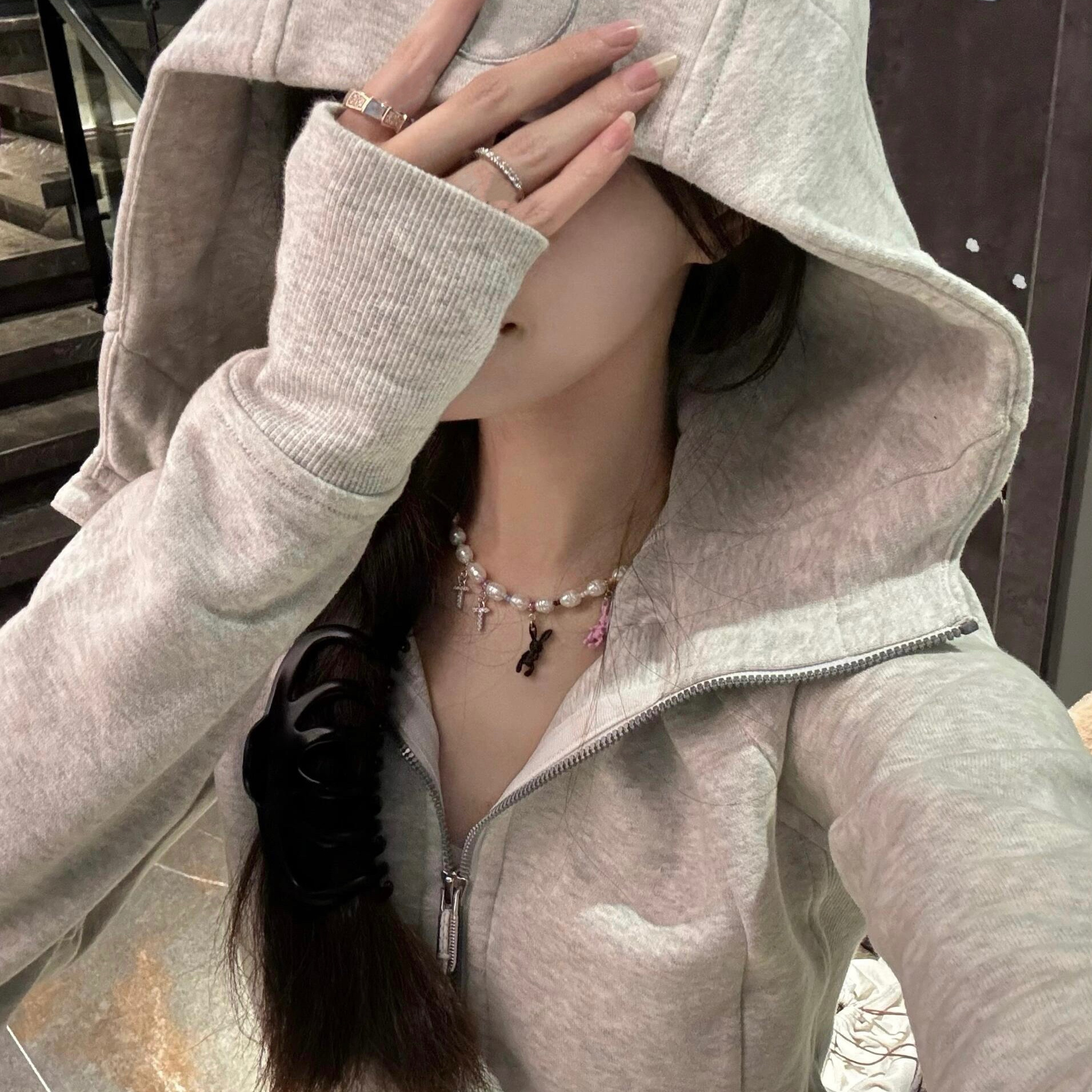 【陈小圆】韩国设计师修身版加绒卫衣浅灰黑连帽开衫韩国里布