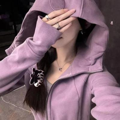 【陈小圆】韩国设计师修身版加绒卫衣雾霾紫蓝连帽拉链开衫外套