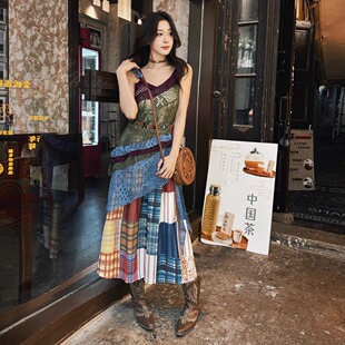 套装 新款 开衫 复古民族风镂空钩花吊带裙度假风拼色格子半身裙长袖