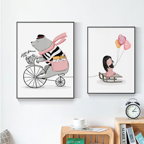 卡通动漫儿童房装饰画女孩房壁画现代简约温馨可爱卧室床头挂画