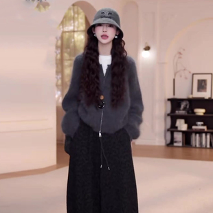 拉链连帽针织开衫外套女秋冬季加厚宽松韩系慵懒风高级感毛衣外穿