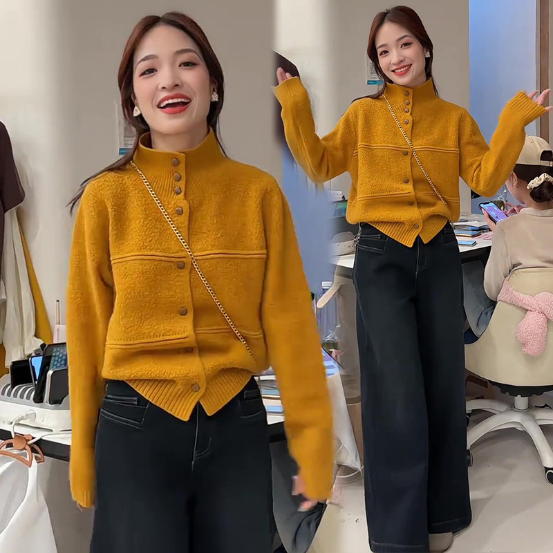 日韩风高领针织衫开衫毛衣外套女显白宽松显瘦百搭秋冬上衣高级感