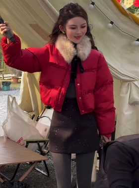 2025冬新款毛领短款棉服外套女洋气新年战袍小个子棉袄红色千金风
