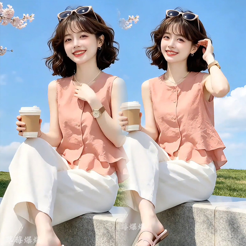减龄粉色衬衫女2026夏新款荷叶边无袖小衫高级感T恤显瘦气质上衣