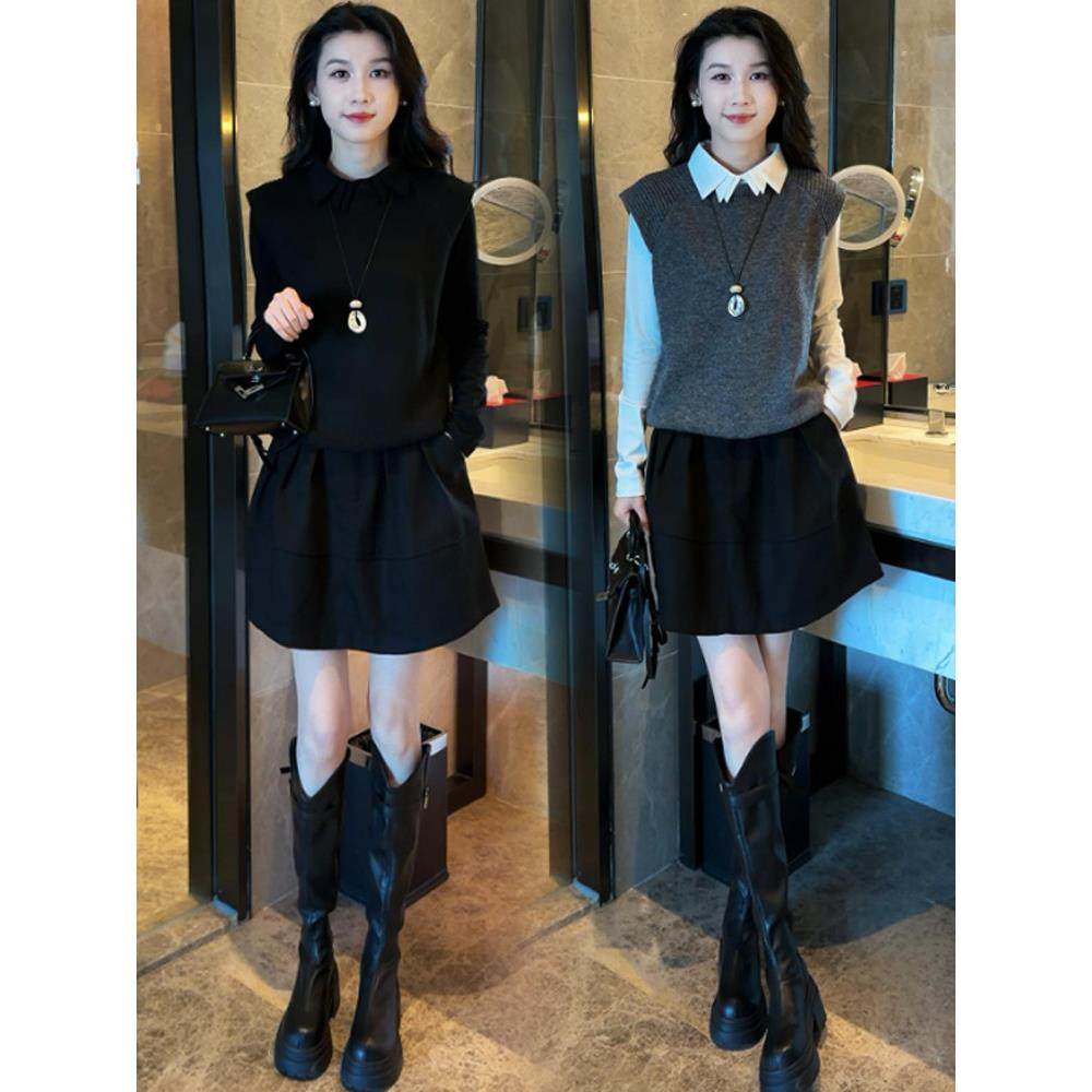 时尚套装裙女2025秋冬新款洋气显瘦针织马夹长袖衬衫半身裙三件套,女装/女士精品,时尚套装,淘宝优惠券,粉丝福利购,淘宝优惠卷