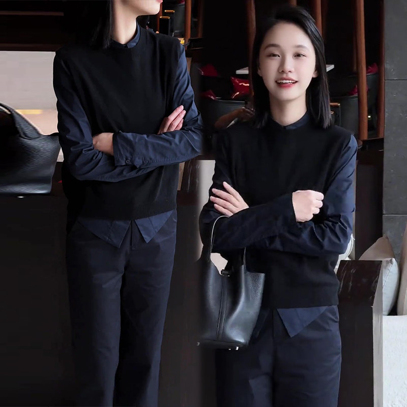 2025秋季新款女装时尚三件套装黑色长袖衬衫无袖马甲直筒西装裤子