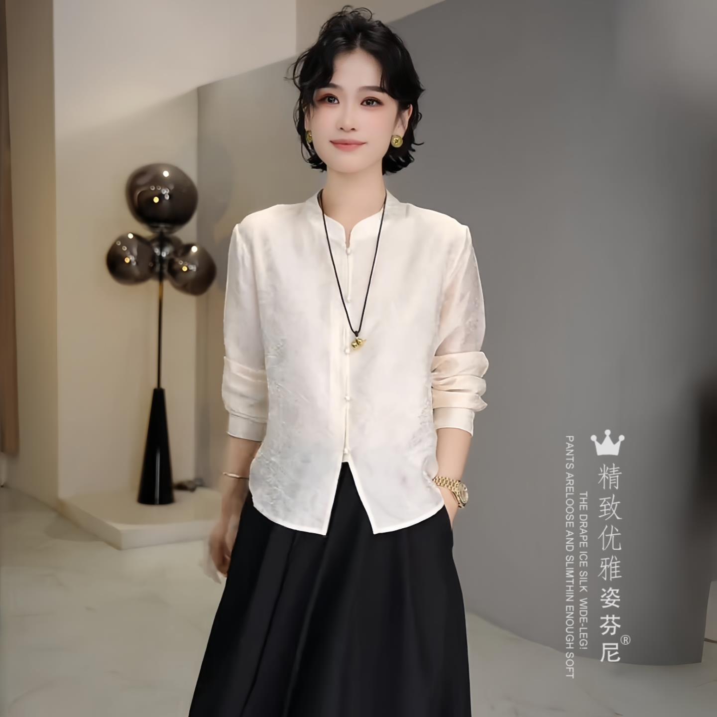 早秋复古新中式提花衬衫女图片
