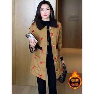 时尚加绒加厚保暖中长款棉服外套女2025冬季新款洋气刺绣显瘦上衣